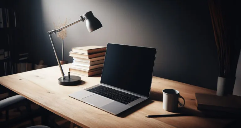 um notebook em cima de uma mesa de madeira