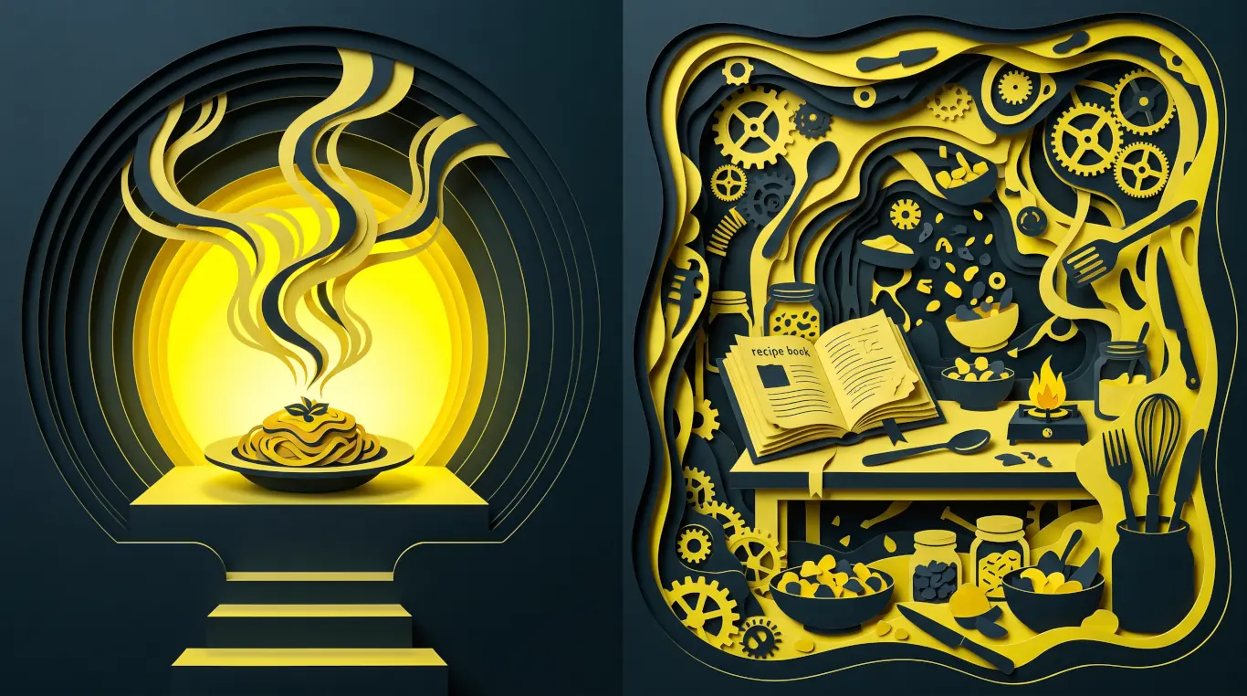 Arte conceitual em recorte de papel amarelo e preto representando a diferença entre o resultado final e o processo: de um lado, o prato finalizado e fumegante; do outro, engrenagens e utensílios mostrando os bastidores e a complexidade do preparo.